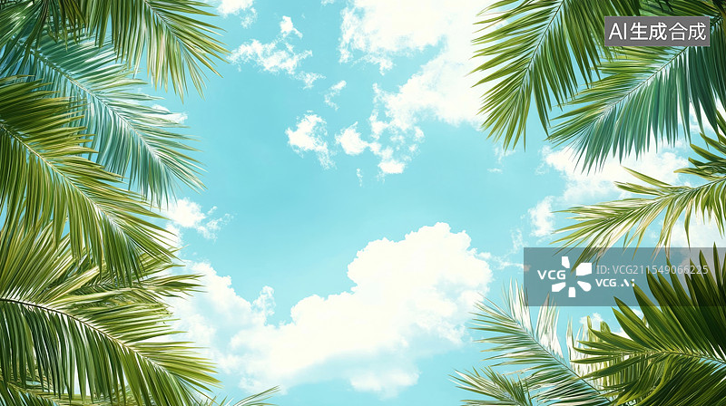 【AI数字艺术】蓝天下的椰子树顶部视角 说明:AIGC内容是指创作者利用合法的第三方生成式AI图片素材