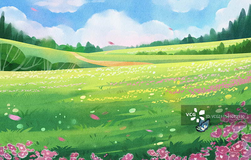 手绘水彩春天大草地树林天空绿色自然环境背景图片素材