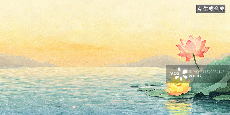 【AI数字艺术】装饰边框背景油画荷花右下图片素材