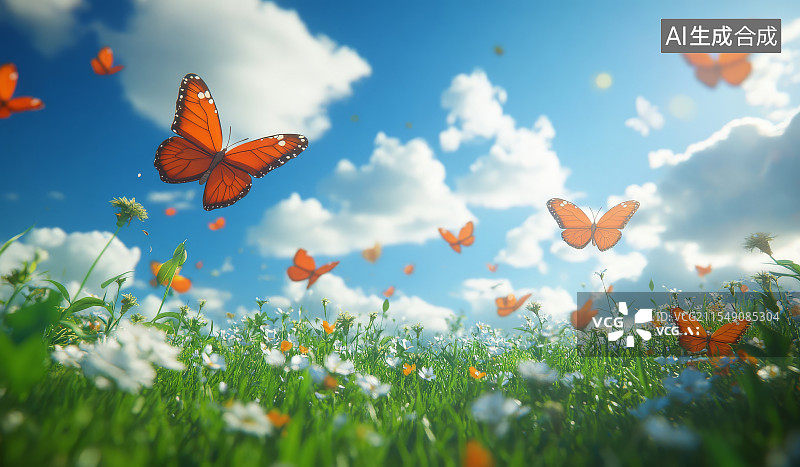 【AI数字艺术】蝴蝶在蓝天下的花丛中飞舞图片素材