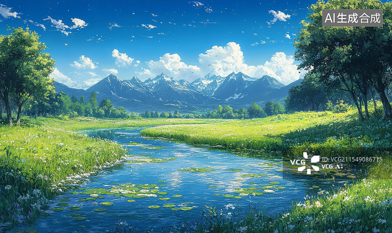 【AI数字艺术】山川草地间的清澈溪流自然风景图片素材