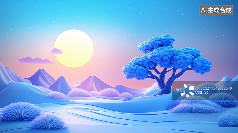 【AI数字艺术】3D卡通月夜下的古树图片素材