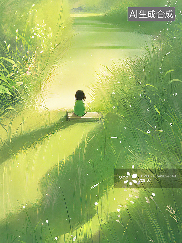 【AI数字艺术】春天树下坐在草地上的女孩背影，风吹草地的美景插画 ，日出时分的场景 竖版图片素材