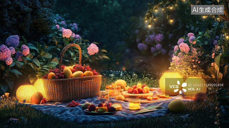【AI数字艺术】有大量果篮的梦幻野餐夜晚图片素材