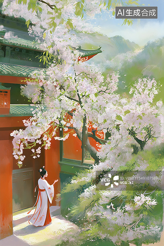 【AI数字艺术】浪漫古风庭院里樱花树下的女人 插画 古风诗词背景 春天花满鲜花的树 竖版图片素材