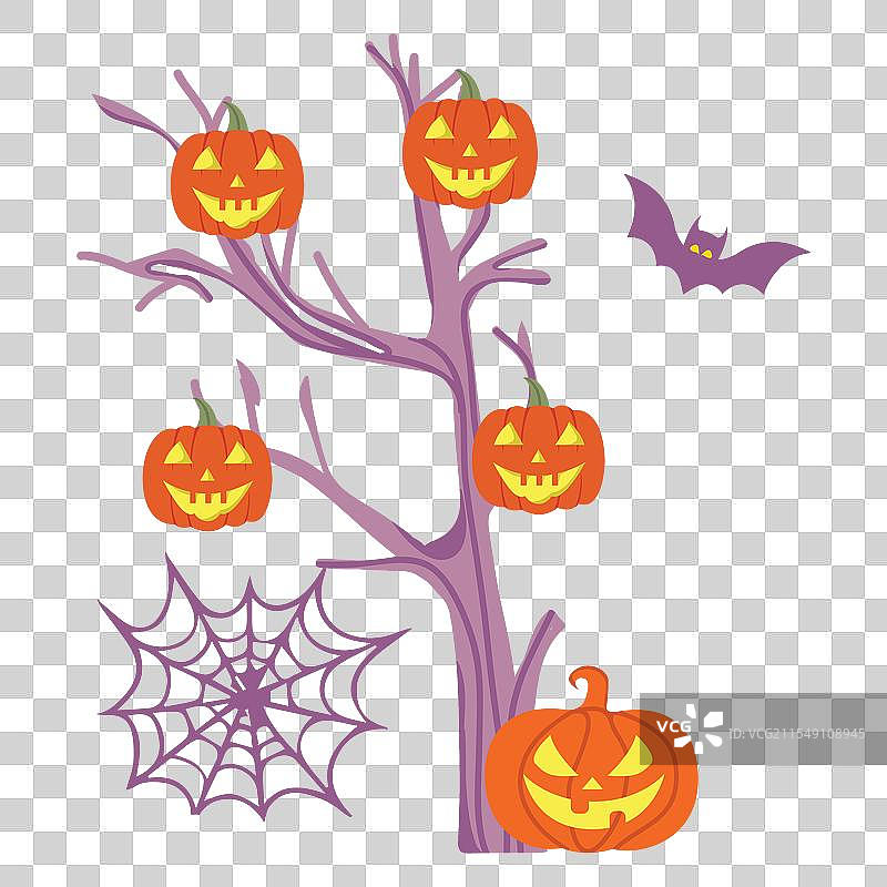 树枝、南瓜、蜘蛛网和蝙蝠图片素材