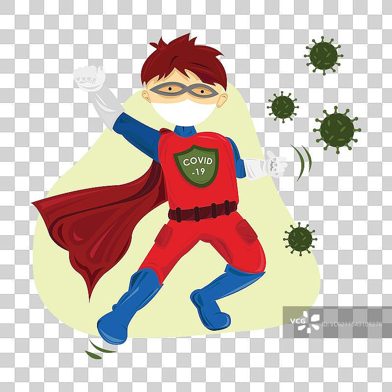 男性英雄在新冠病毒背景下飞翔图片素材