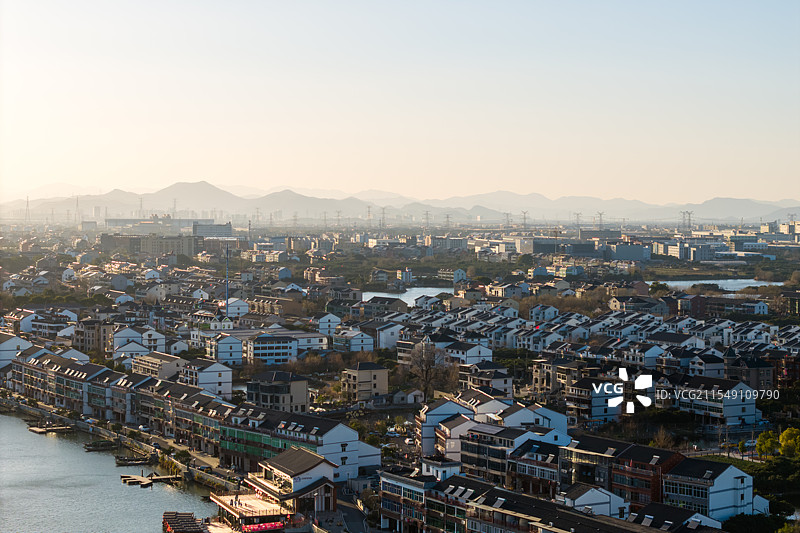 杭州市临平区 塘栖镇丁河村丁山湖水乡日落风光 航拍图片素材