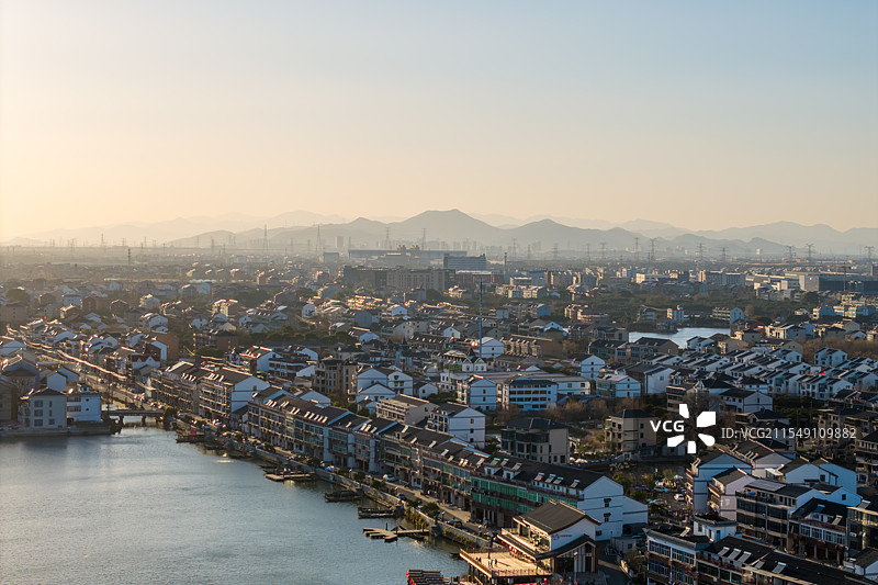 杭州市临平区 塘栖镇丁河村丁山湖水乡日落风光 航拍图片素材