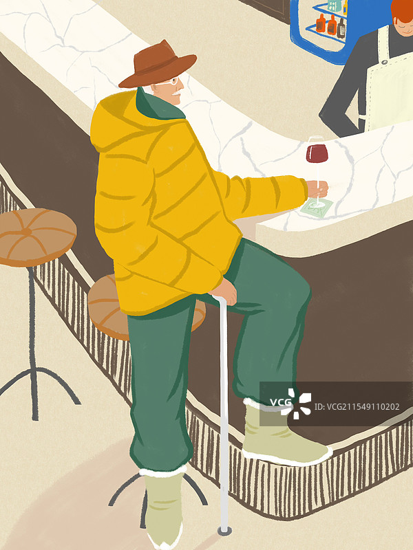 冬天酒吧男人喝红酒绘本插画图片素材