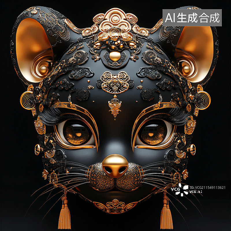 【AI数字艺术】老鼠、宗教、信仰、面雕、面具、动物、C4D、雕花、黑金图片素材