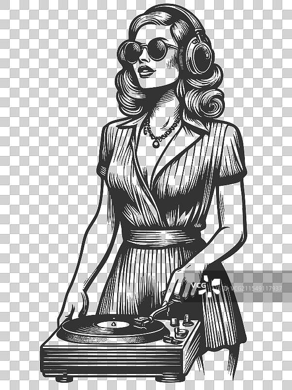 复古女DJ在播放黑胶唱片图片素材