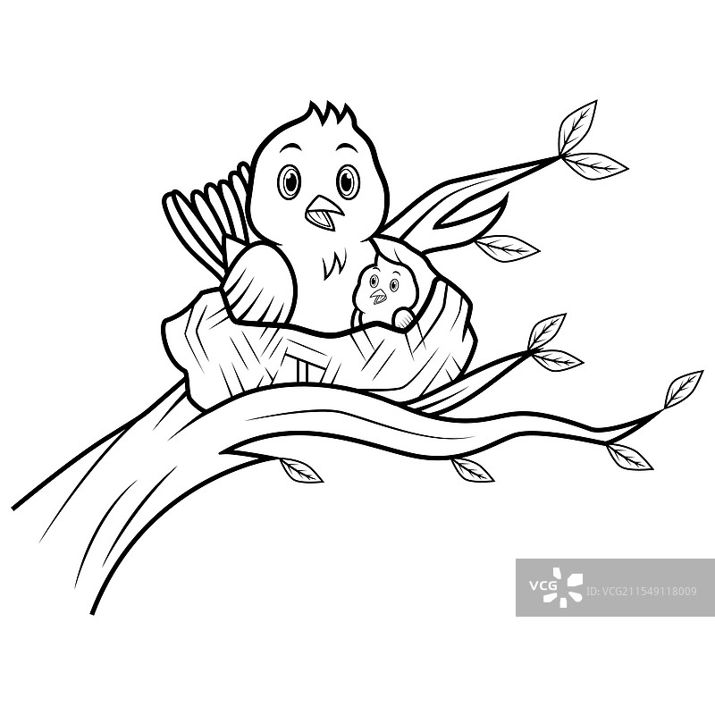 卡通母鸟与她的小鸟在巢中的线条画图片素材