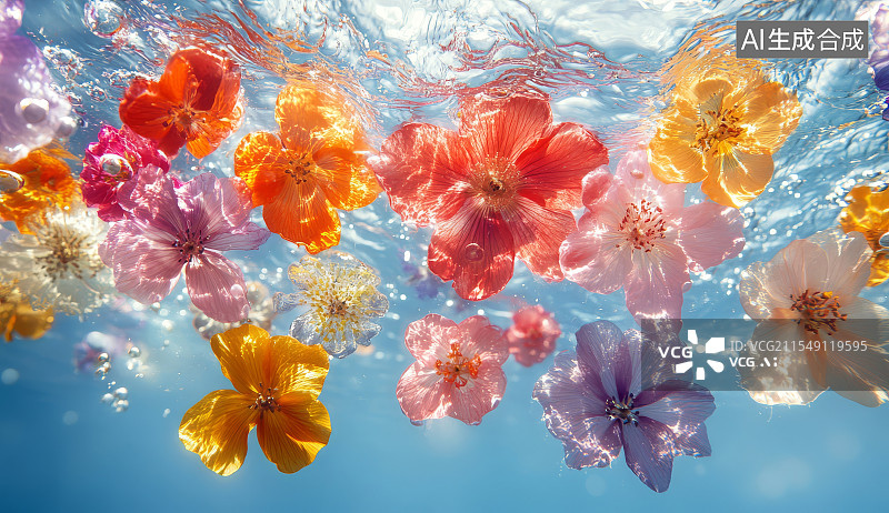 【AI数字艺术】多彩花朵在水中漂浮的唯美背景图片素材