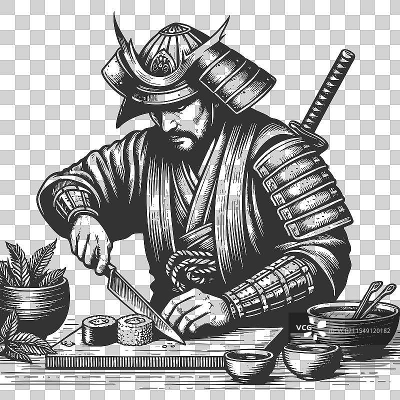 武士厨师准备寿司的雕刻画图片素材