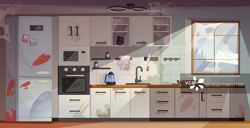 杂乱的厨房，废弃的厨房内部图片素材