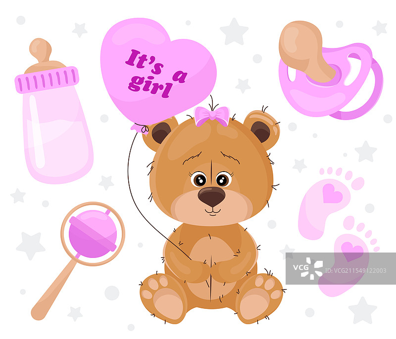 这是一个小熊女孩和各种婴儿用品。图片素材