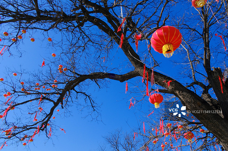 石家庄凤山艺术村。红灯笼高高挂。2025蛇年春节新年元宵节花灯展特写图片素材