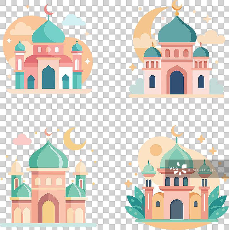 代表各种伊斯兰清真寺的扁平图标图片素材