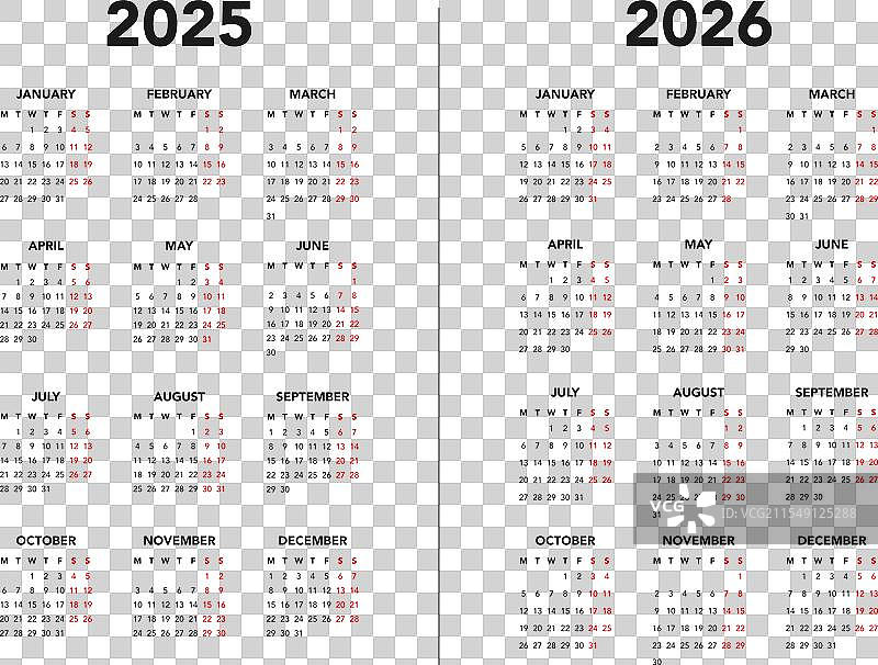 2025年和2026年日历模板开始图片素材