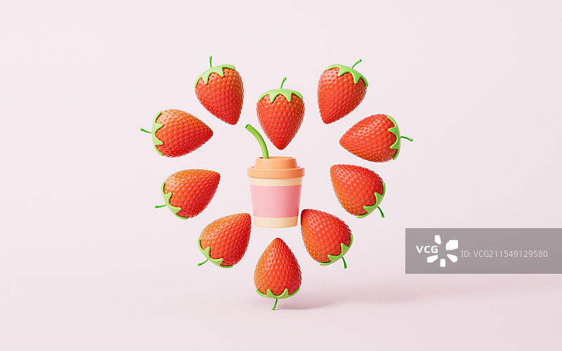 卡通奶茶与草莓三维渲染图片素材