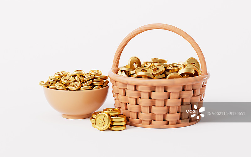 一篮子铜钱三维渲染图片素材