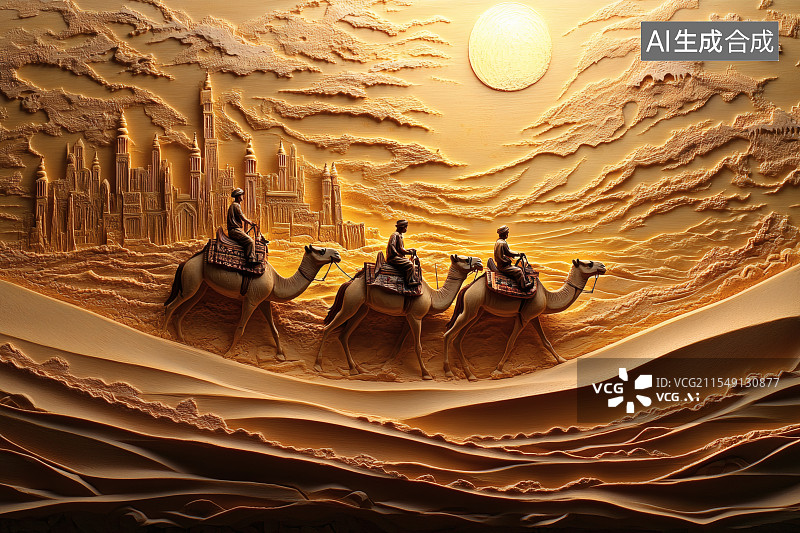 【AI数字艺术】骑着骆驼和西域城市进行贸易，丝绸之路壁画图片素材