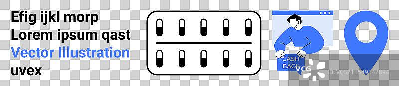 男子点击现金返还弹出窗口的药丸泡罩包装图片素材