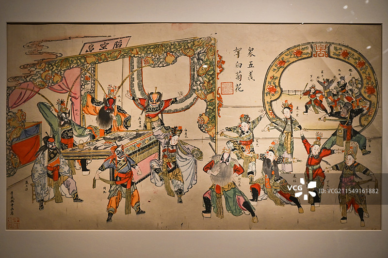 天津杨柳青年画 众五义拿白菊花图片素材