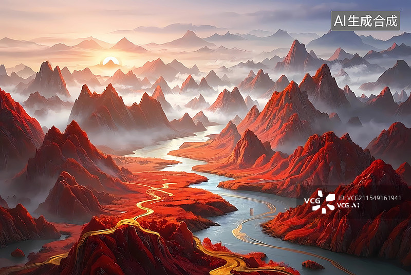 【AI数字艺术】祖国山河一片红图片素材