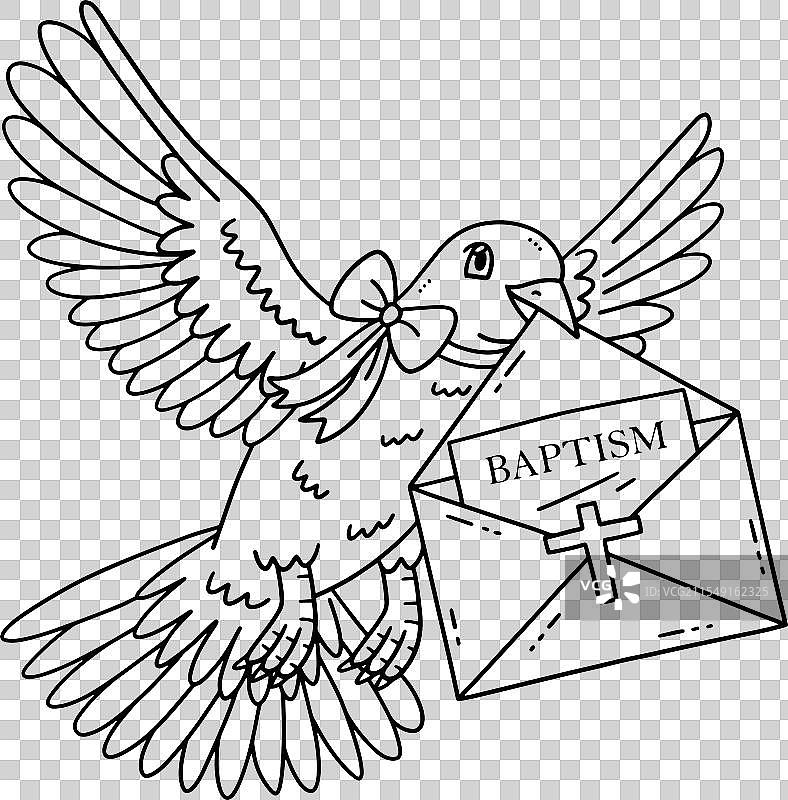 带信的洗礼鸽子，孤立的涂色图案图片素材