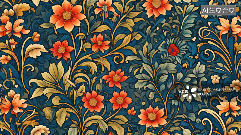 【AI数字艺术】壁纸 插画 莫里斯 植物 花 鲜花图片素材