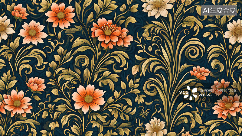 【AI数字艺术】壁纸 插画 莫里斯 植物 花 鲜花图片素材