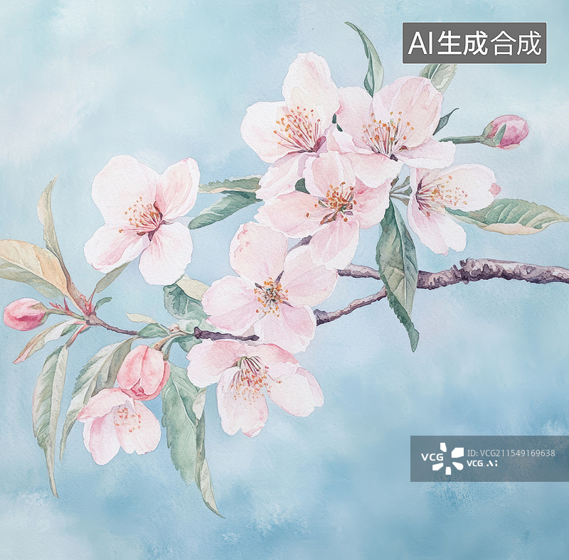 【AI数字艺术】浅蓝色背景上的粉红色桃花水彩画图片素材