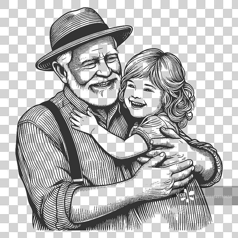 祖父拥抱孙女的雕刻图片素材