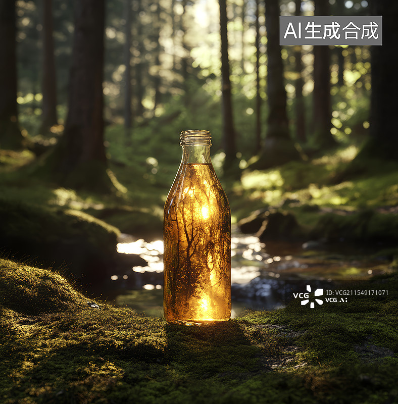 【AI数字艺术】一个盛满金色光芒的透明玻璃瓶图片素材