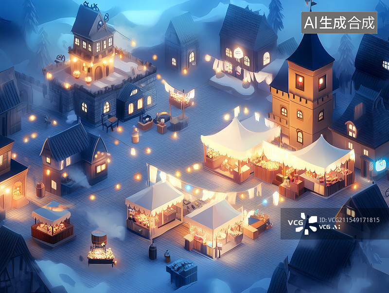 【AI数字艺术】市集夜市卡通插画图片素材