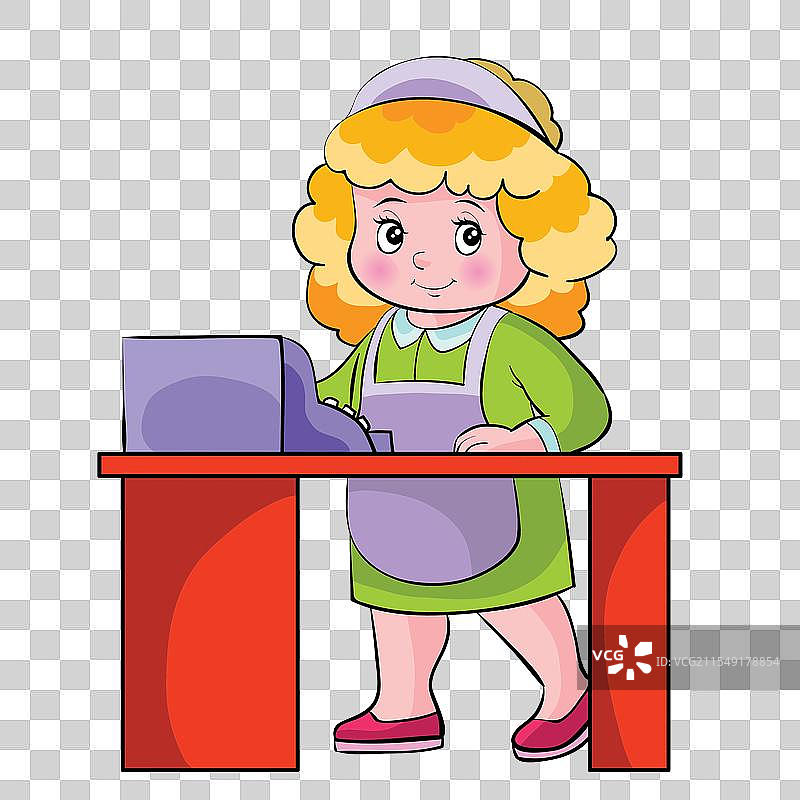 穿着围裙和帽子的金发女性站在收银台后面图片素材