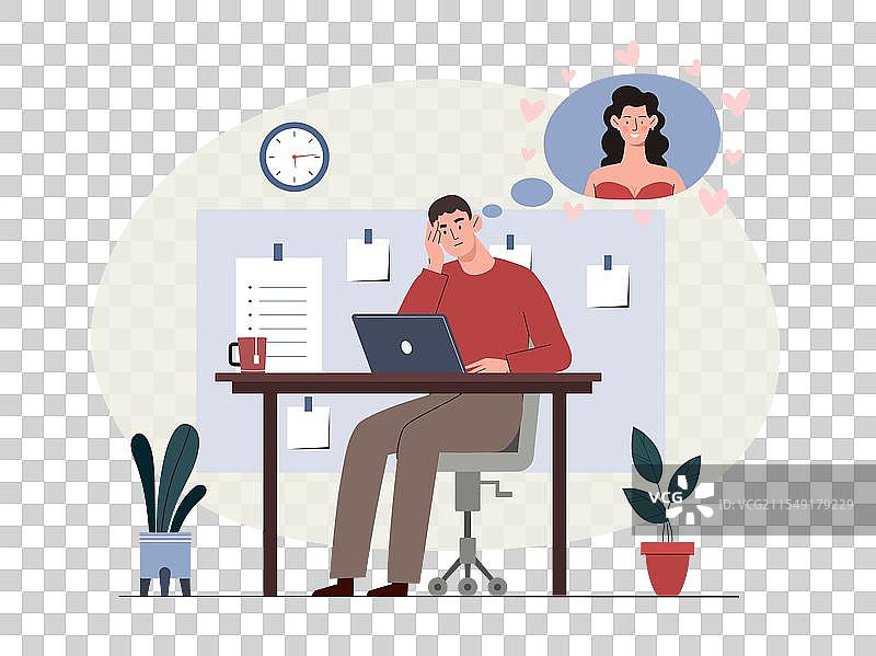 坐在他的工作台前，怀抱着爱情幻想的男人图片素材