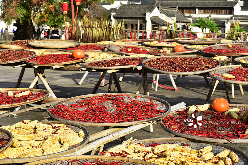 安徽呈坎古村秋季晒秋红辣椒黄玉米图片素材