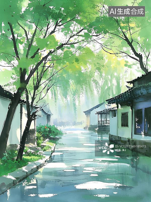 【AI数字艺术】春天春季水墨风江南美景背景图片素材