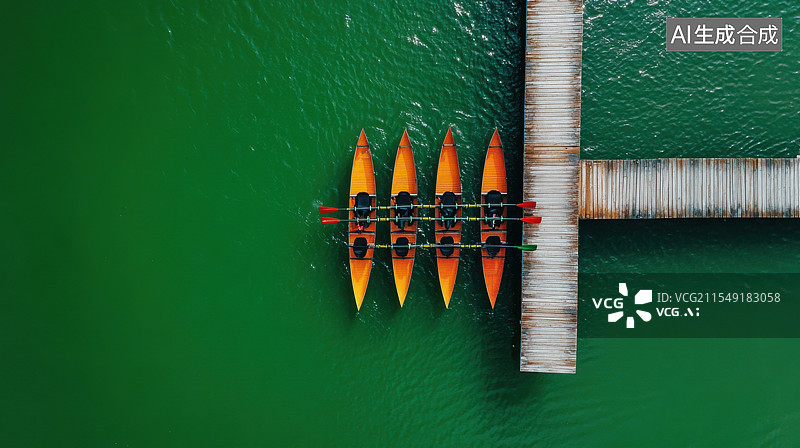 【AI数字艺术】木栈道旁停泊的小船图片素材