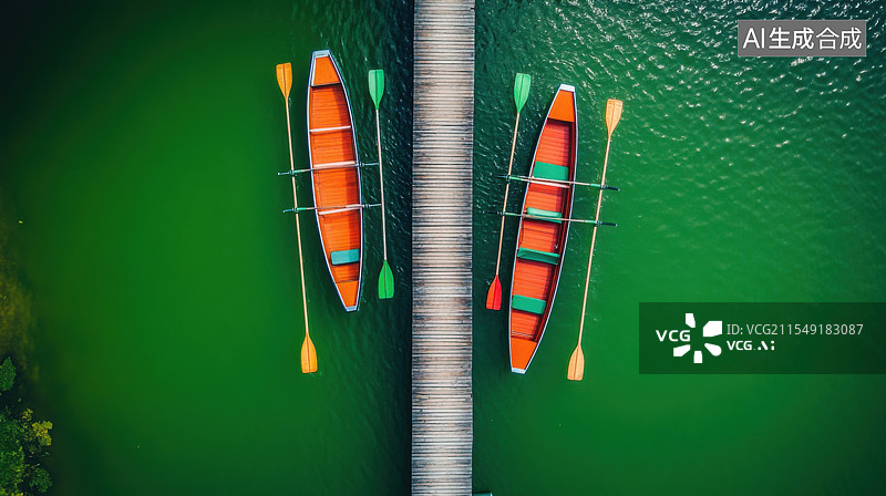 【AI数字艺术】木栈道旁停泊的小船图片素材