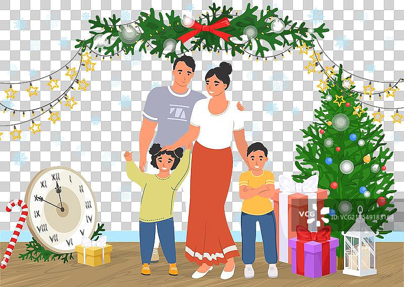 快乐的家庭在装饰好的环境中拍摄新年照片图片素材