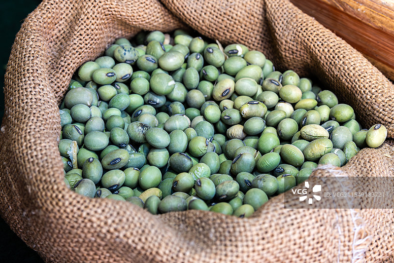 盛放在麻袋里的青豆图片素材