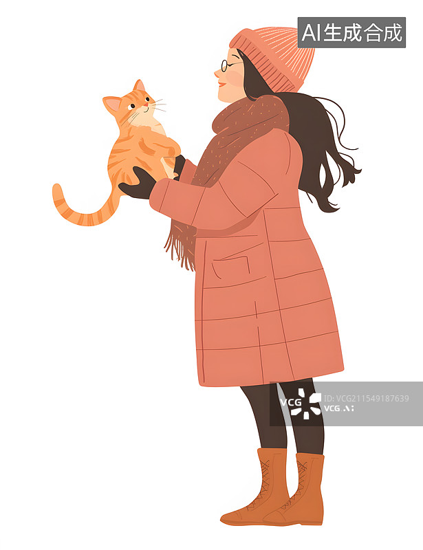 【AI数字艺术】一个人女人和小猫的全身像卡通白色背景，生活方式宠物快乐幸福图片素材