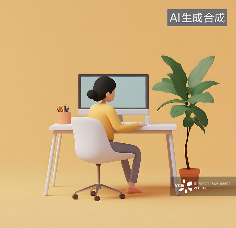【AI数字艺术】3DC4D渲染一个卡通人物仔仔办公桌前对着电脑办公的场景-女人白天图片素材