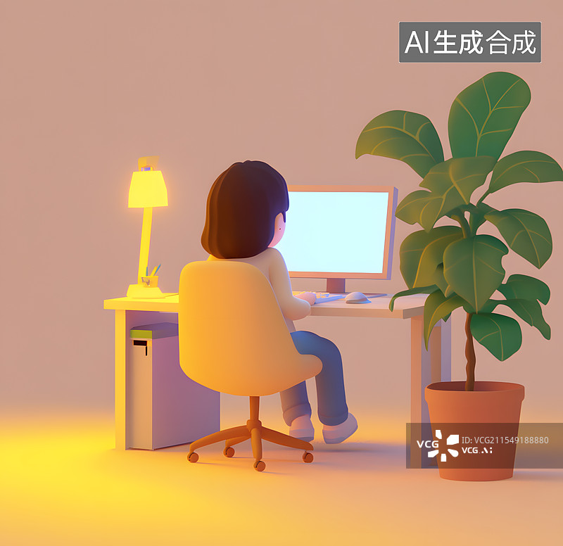 【AI数字艺术】3DC4D渲染一个卡通人物仔仔办公桌前对着电脑办公的场景-女人白天图片素材
