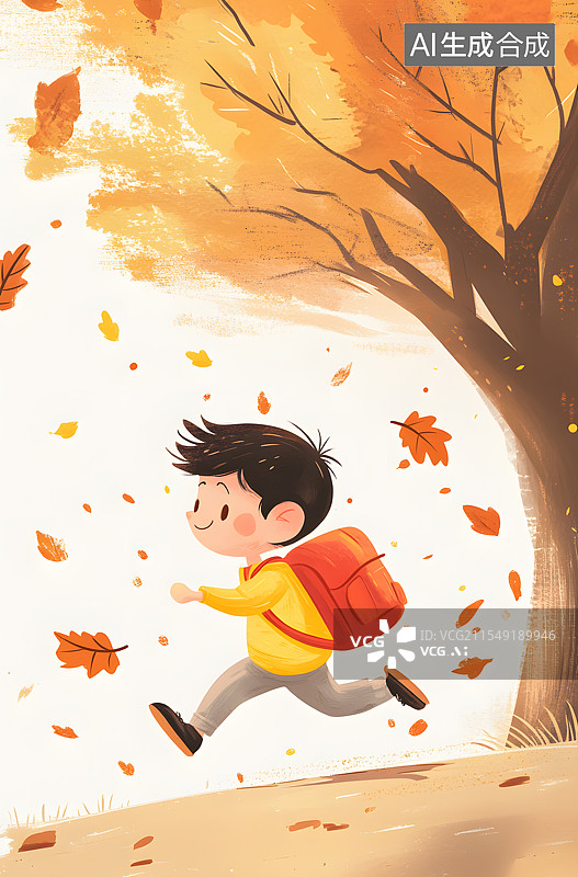 【AI数字艺术】秋季一个小孩男孩背着书包在黄色落叶树林中快乐地奔跑，儿童读书放学上学自然节气秋分立秋卡通插画图片素材