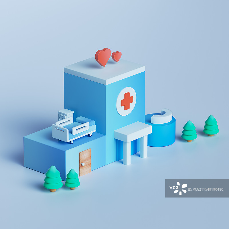 蓝色背景下的医院、病床3d场景图图片素材